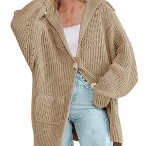 MEROKEETY Oversized Button Down Tan Knit Sweater